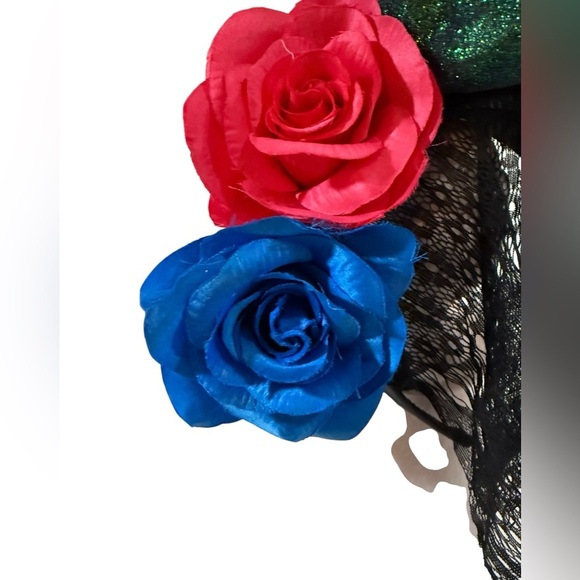 Day of the Dead green glitter skull headband with red & blue roses & black veil - Picture 2 of 7